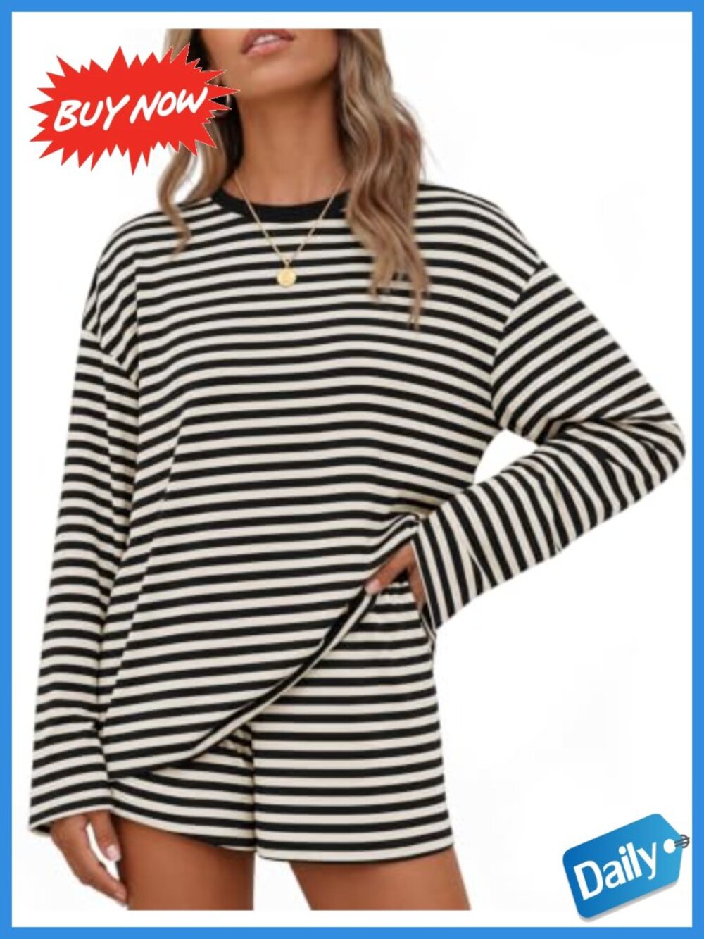 Striped Viscose 2-Piece Lounge Set Long Sleeve Top Shorts